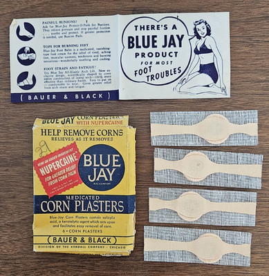1940s Blue Jay Corn Plasters in box w vintage ad insert (4 of 6 plasters remain)