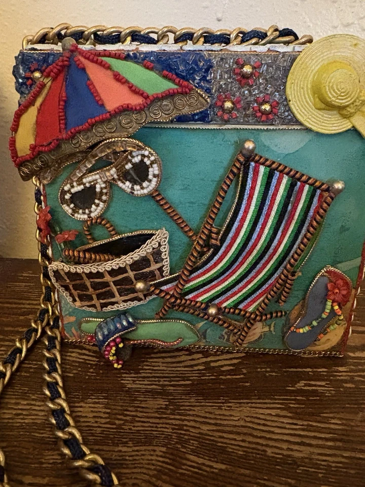 MARY FRANCES VINTAGE Playa Terapia Caja Monedero Bolso 6x6x2.5” Cuentas Usable Arte Foto 2 de 4