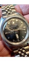Vintage Swiss Technos Star Chief 25j Automatic Blue D/D Fluted Bezel Watch & Box