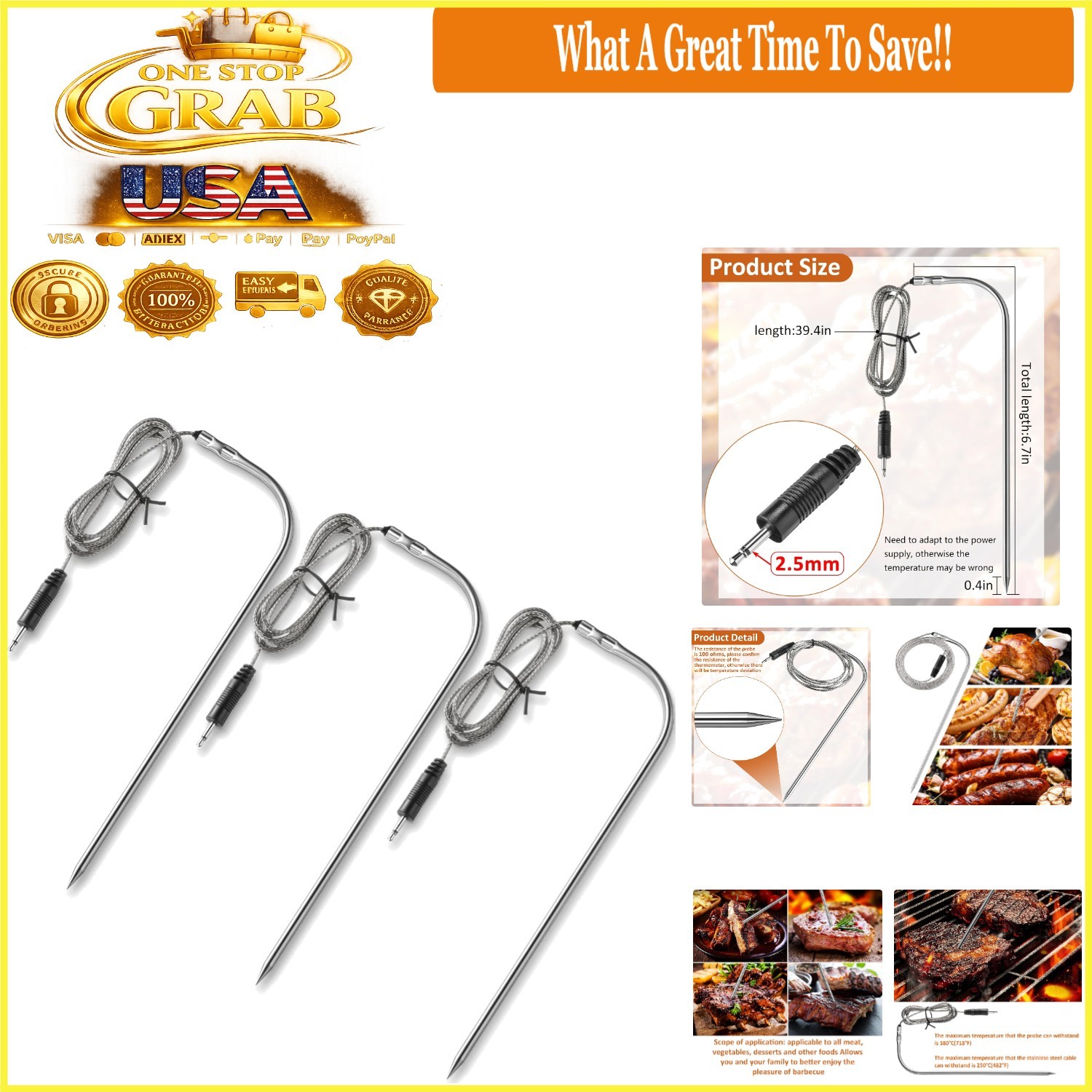 3 Pieces Waterproof Meat Temperature Probes for Grill & Smok