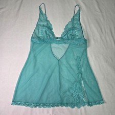 Victoria's Secret Vtg Lace Mesh MD Turquoise Babydoll Chemise Slip Lingerie y2k