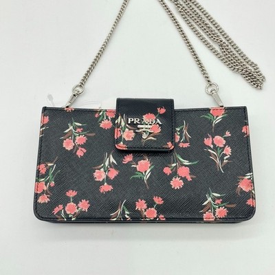 PRADA Flora Chain Wallet Shoulder Bag, Floral, Black Used