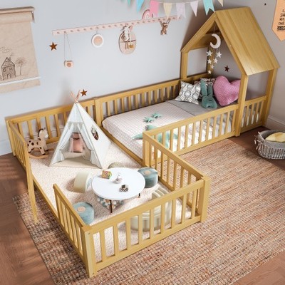 Twin Size House Floor Bed  with Door and Guardrails (accessories not included)