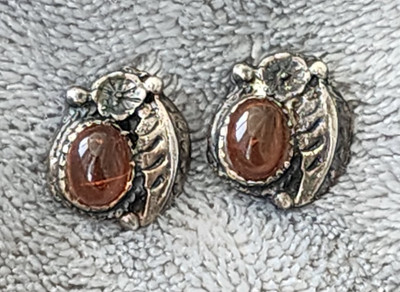 Vintage Signed MD 925 Sterling Silver Amber Cabochon Pierced Earrings Jewelry