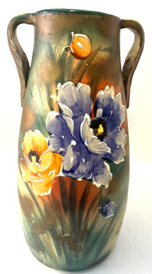Antique Nippon Style Japan Hand Painted Florals Handled Earthenware Vase 11''