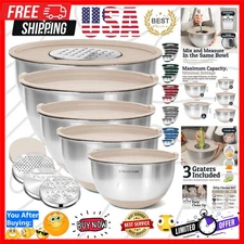 Stainless Steel Mixing Bowls with Lids Set, 3 Grater Attachments, Airtight Li...