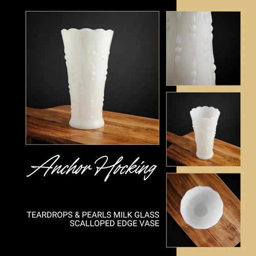 Vintage Anchor Hocking White Milk Glass Teardrops & Pearls Scalloped Edge Vase