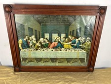 ANTICA STAMPA SACRA ULTIMA CENA ANTICO QUADRO RELIGIOSO VECCHIA CORNICE LEGNO.