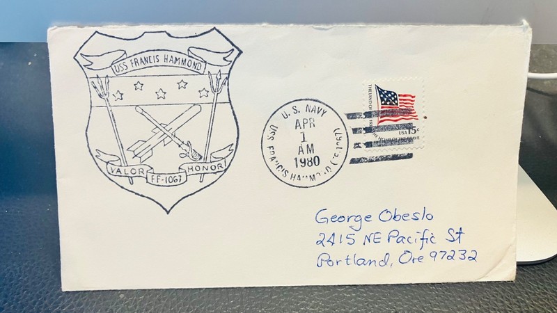 1980 ship cancel  & cachet of USS Francis Hammond FF 1067,  ocean escort vessel