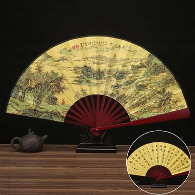 Chinesischer Seiden Klappfächer groß Vintage Handfächer Holzgriff antiker Stil 33 cm
