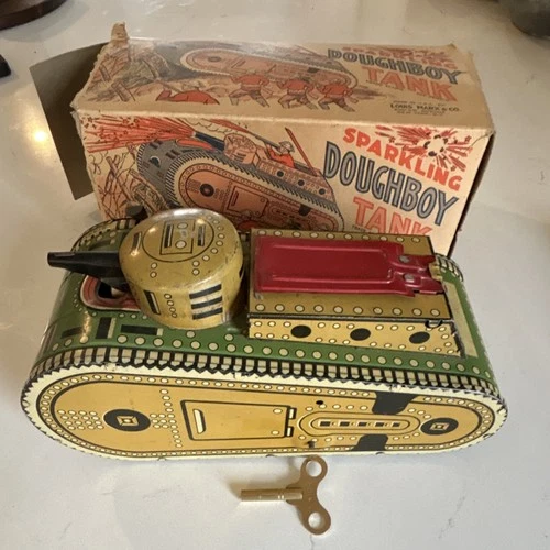 Marx Sparkling Doughboy Tank Vintage Tin Wind-up Toy with Box. Working