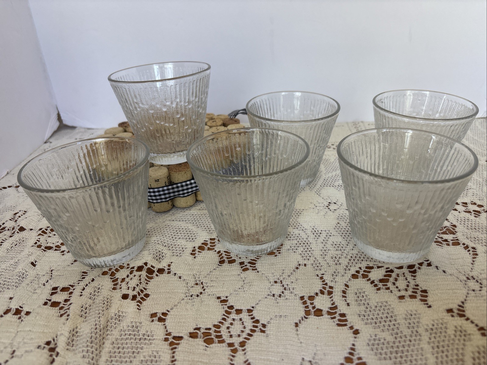 6-Vintage JEANNETTE GLASS COMPANY FINLANDIA TREE BARK TEXTURE GLASSES Clear  MCM
