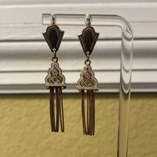 Victorian Revival Vintage Gold Tone DAMASCENE Spain Dangle Fringe Drop Earrings