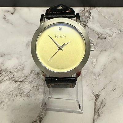 Varsales Watch Men Silver Tone Black Faux Leather Band 40MM Dial New Battery