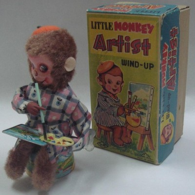 Little Monkey Artist Wind-Up Tin Toy with Original Box Jp Vintage Cloth Outfit