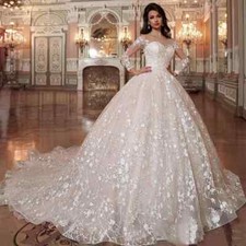 Luxury Princess Wedding Dress with Fluffy Long Sleeve Lace Stickers Bridal Gowns