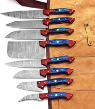Handmade Damascus Kitchen Knife Set 8 Pieces CHEF KNIFE Set With Leather Bag