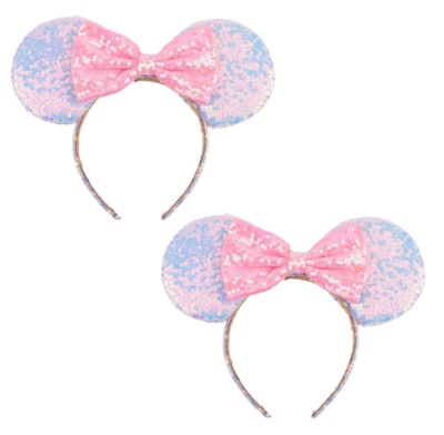 Lot of 2 Mouse Ears Sequin Bow Headbands Pink Purple Sparkle FREE SHIPPING NEW