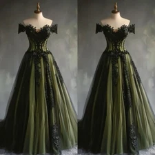 Gothic Wedding Dresses Off Shoulder Black Lace Appliques Retro Bridal Gowns