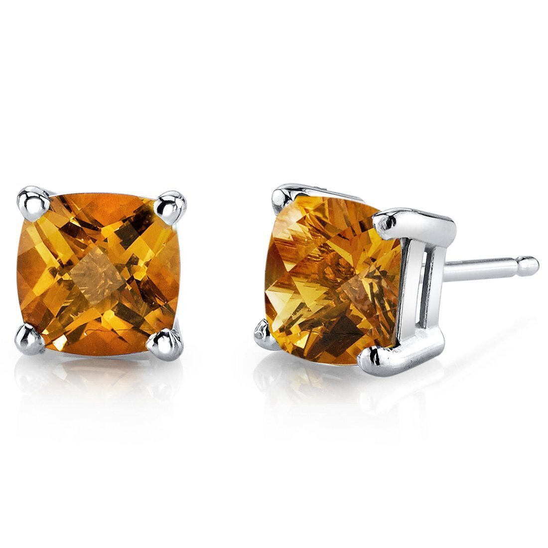 14K White Gold Citrine Cushion Cut Stud Earrings 1.75 Carat