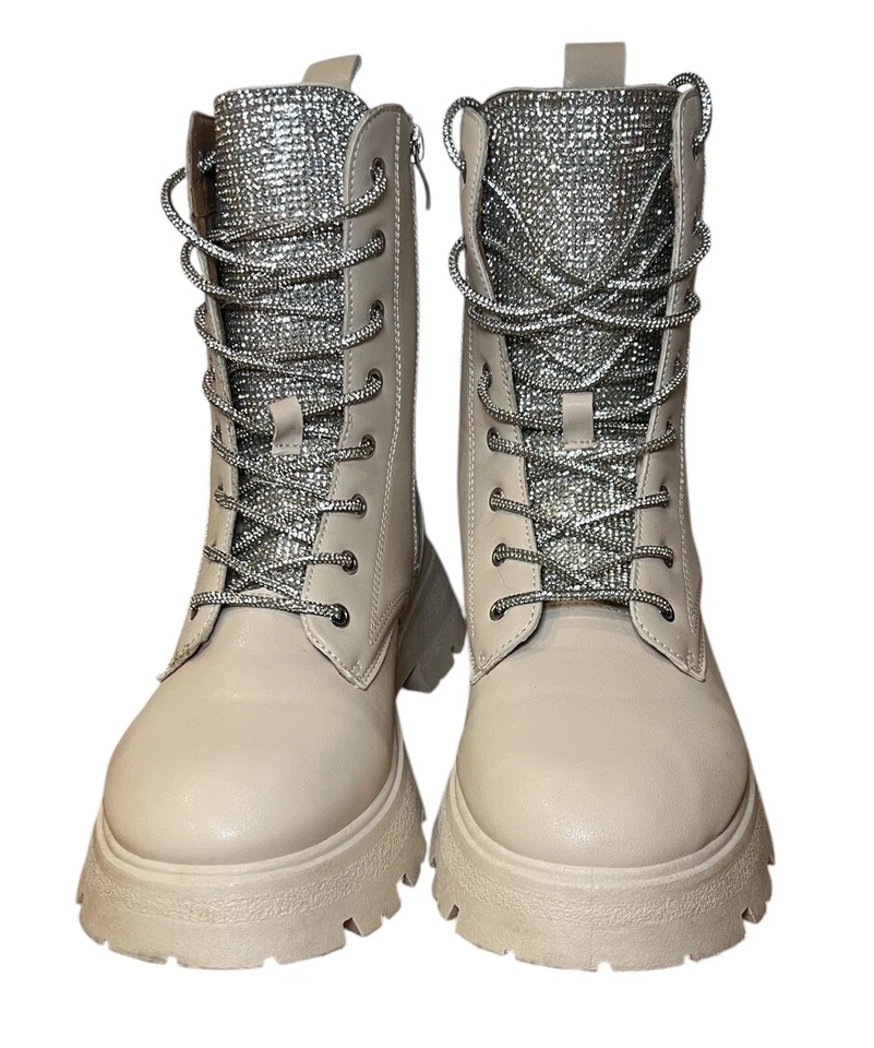 Botas de combate Wild Diva para mujer 8,5 estrás con cordones militares con suela marfil Foto 2 de 4
