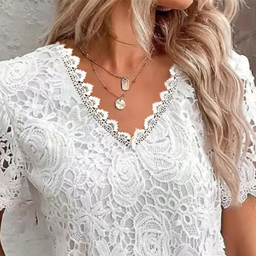 Damen Elegant Spitze Bluse Hemd V-Neck Sommer T-Shirt Oberteile Kurzarm Tunika - Bild 4 von 29
