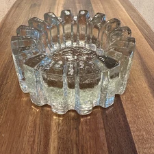 Brutalist Clear Glass Cog Ashtray 4 1/2 inch Diameter Heavy Thick Crystal MCM
