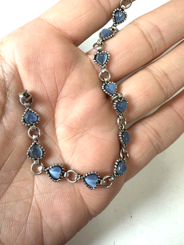 Vintage Bracelet Sterling Silver Heart Blue Cats Eye Signed 925 Tennis Dainty