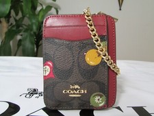NTW Coach Signature Canvas Ornament Print Zip Card Case C7417 Brown Black Multi