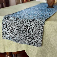 William Morris Blue Oak Leaves Tapestry Table Runner 59x18" Embroidered Runner