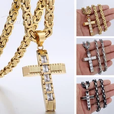 Gold Plated Stainless Steel Rhinestone CZ Cross Pendant Necklace Byzantine Chain