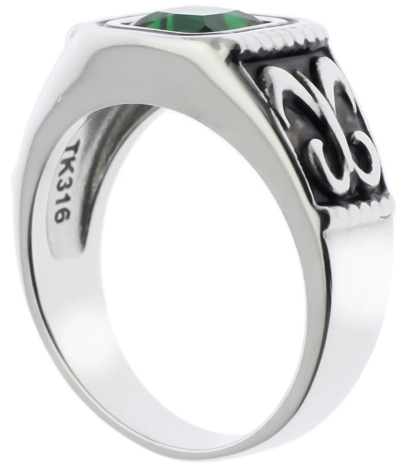 Anillo de 4 quilates esmeralda simulada flor de lis para hombre acero inoxidable 316 talla 13 T28 Foto 3 de 4