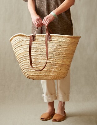 FRENCH BASKET with double flat leather handles, straw bag, beach bag, basket bag