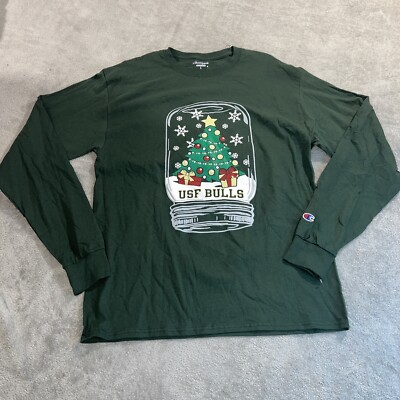 Champion USF Bulls T-Shirt Mens Size Large Christmas Long Sleeve Logo Green NWOT