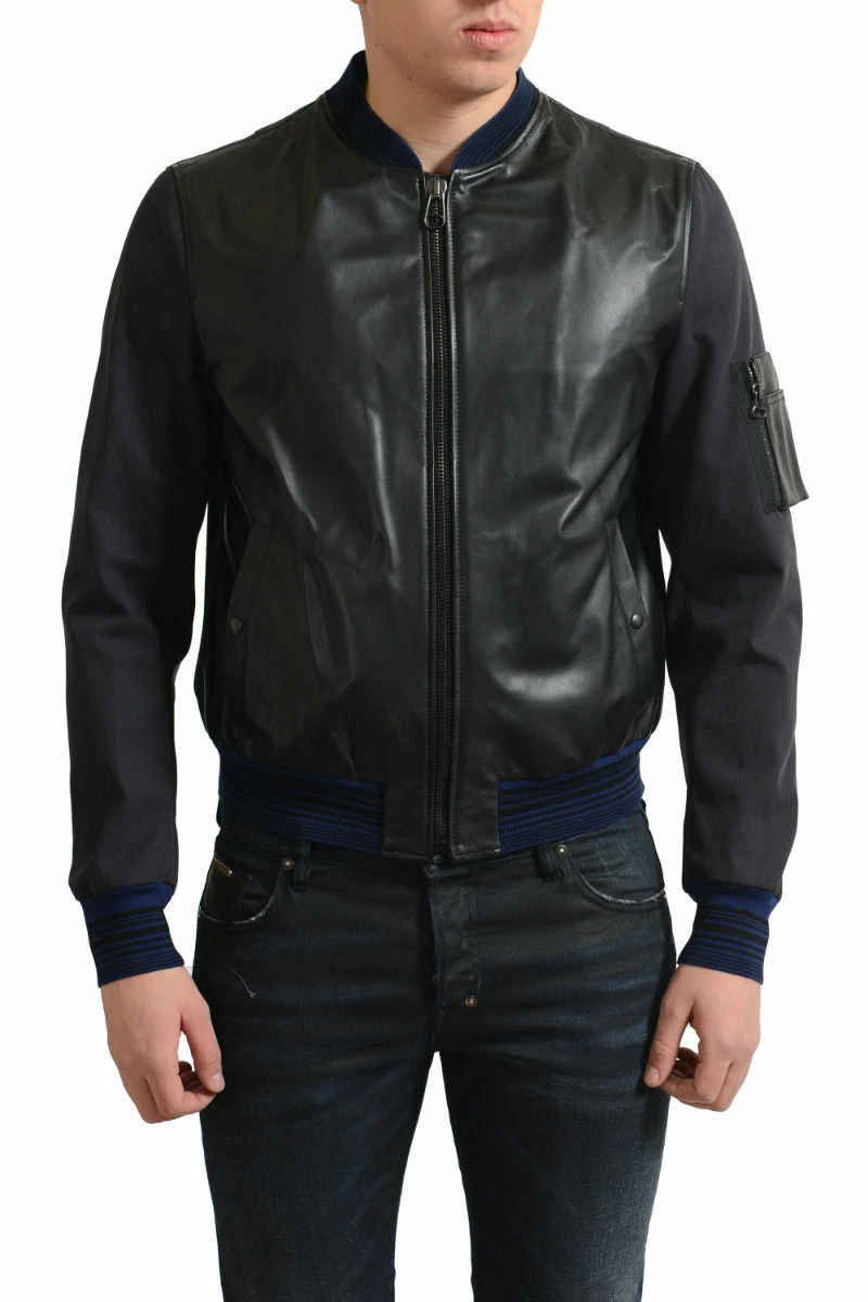 Lanvin — Lanvin Men's Black & Blue 100% Leather Front Full Zip Bomber Jacket US XS S M