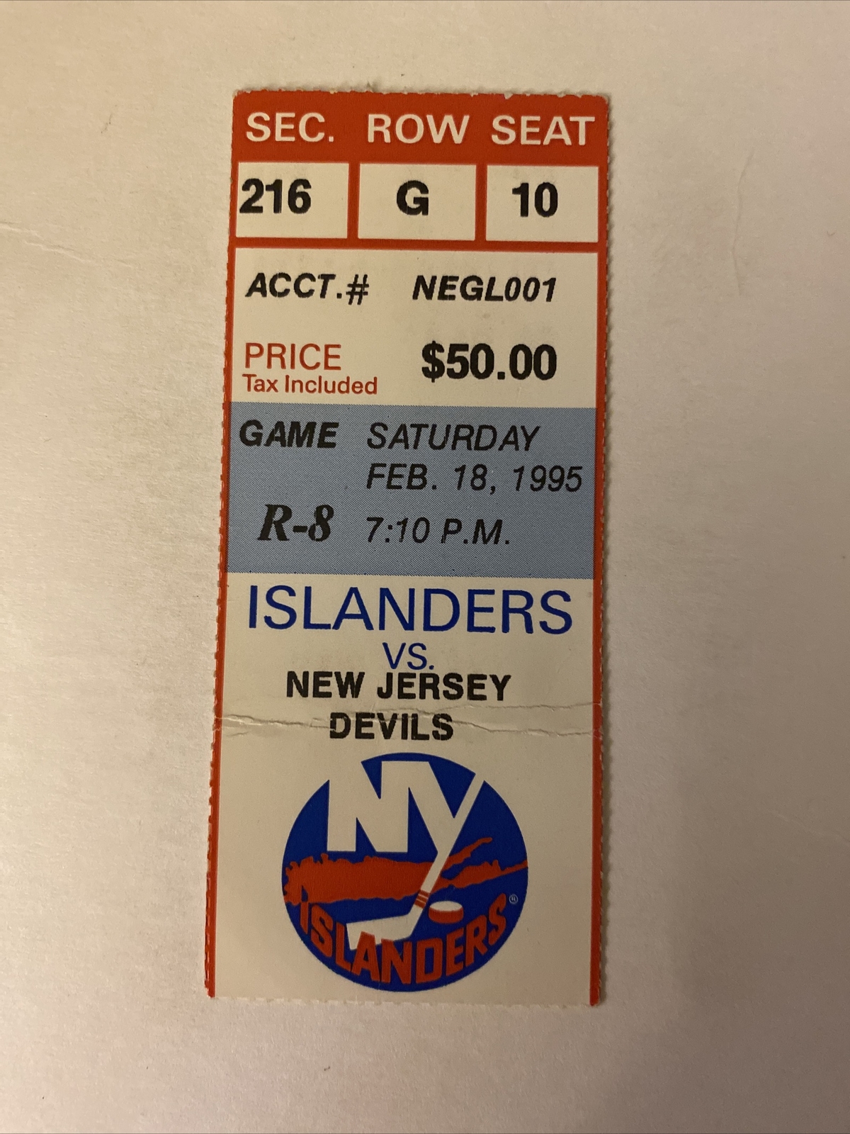 FILA 2 18 1995 New York Islanders vs New Jersey Game R8 Row G Seat 10 Ticket Stub