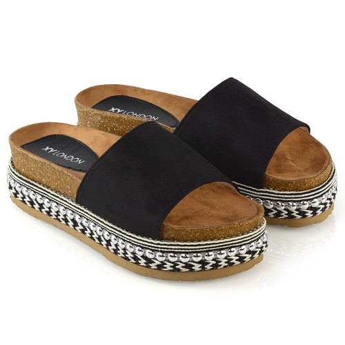 Womens Low Wedge Flatform Sandals Ladies Espadrilles Studs Platform Mule Shoes - Picture 4 of 13