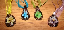 Venetian Murano Glass Style Floral Pendant's on Ribbon Necklace's (4pcs)