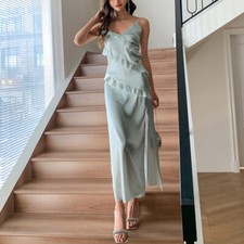 Slip Da Donna Pigiama Nightgown Abito Nightwear V-Neck Con Spacco Volant In Raso