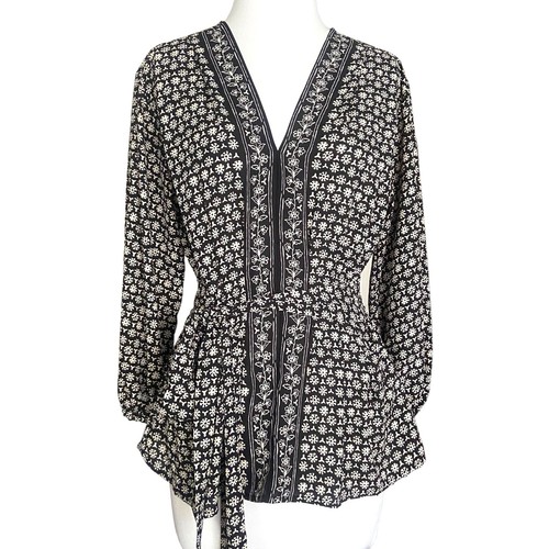 MAX STUDIO Floral Blouse Women's Size M Black & White Long Sleeve Elastic Waist