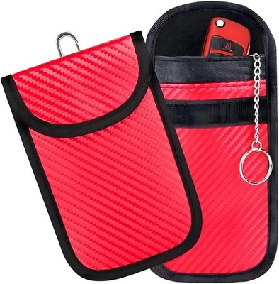 2PCS Carbon Fiber RFID Signal Blocking Faraday Bag for Car Key Fob, Color: Red