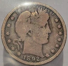 1892 Barber Quarter Philadelphia Mint 90% Silver US 25c coin  (Lot 0910)