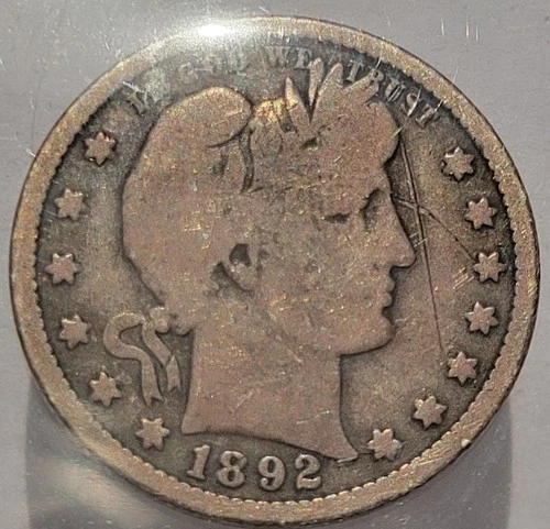 1892 Barber Quarter Philadelphia Mint 90% Silver US 25c coin  (Lot 0910)