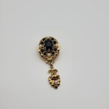 Vintage Gold tone Lisner Faux Pearl And Black Stone Dangle Brooch