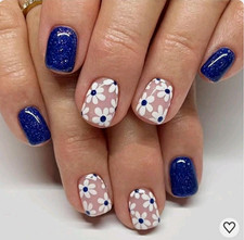 UNIQUE ART NAIL Short Square Press-On Nails Blue Glitter Flowers Full Cover
