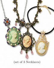 3 PC Set New Vintage Style Lady Cameo Black GreenCrystals Charm Chain Necklace