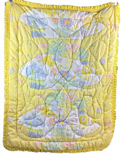 Vintage Baby Crib Blanket Comforter quilt 41x30" Yellow Gingham Animals Flowers