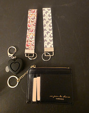 4pc Black Zip Card Wallet Keychain Set w/ Heart Keychain Alarm, 2 Wristlets