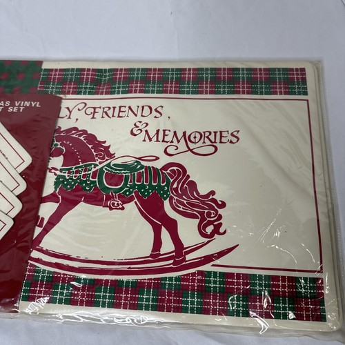 Vintage NOS Christmas 8 Piece Vinyl Set 4 Placemats & Coasters Rocking Horse - Picture 3 of 7