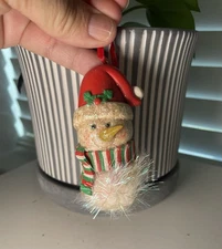 Vintage Snowman Christmas Ornament Clay Top Fluffy Bottom